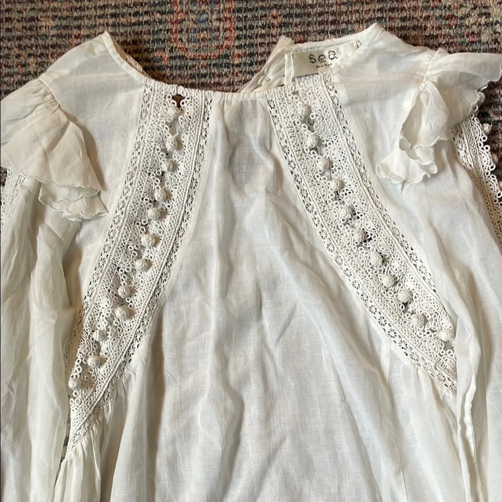 Sea New York Esther PomPom Ruffle Blouse in White Ivory